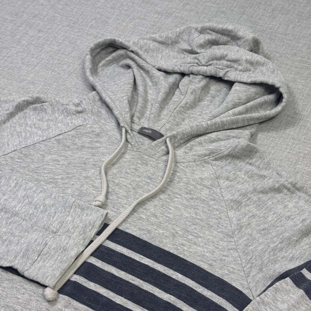 VINCE Hoodie Mens Large Gray Striped Lightweight Pullover Drawstring 100% Cotton